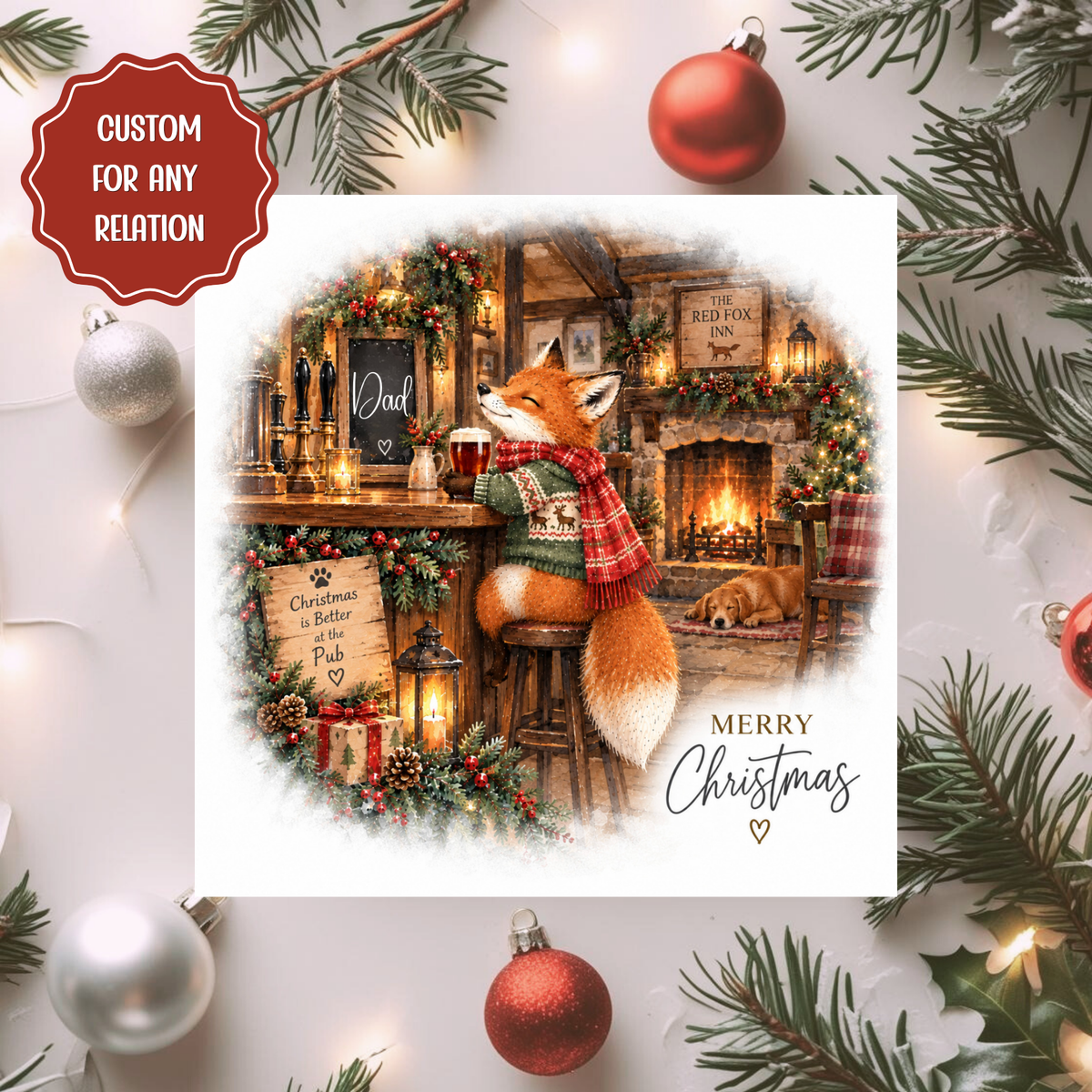 Personalised Dad Christmas Card, Funny Fox Pub Card, Christmas Card for Grandad Husband Brother Uncle, Custom Relation Xmas Card