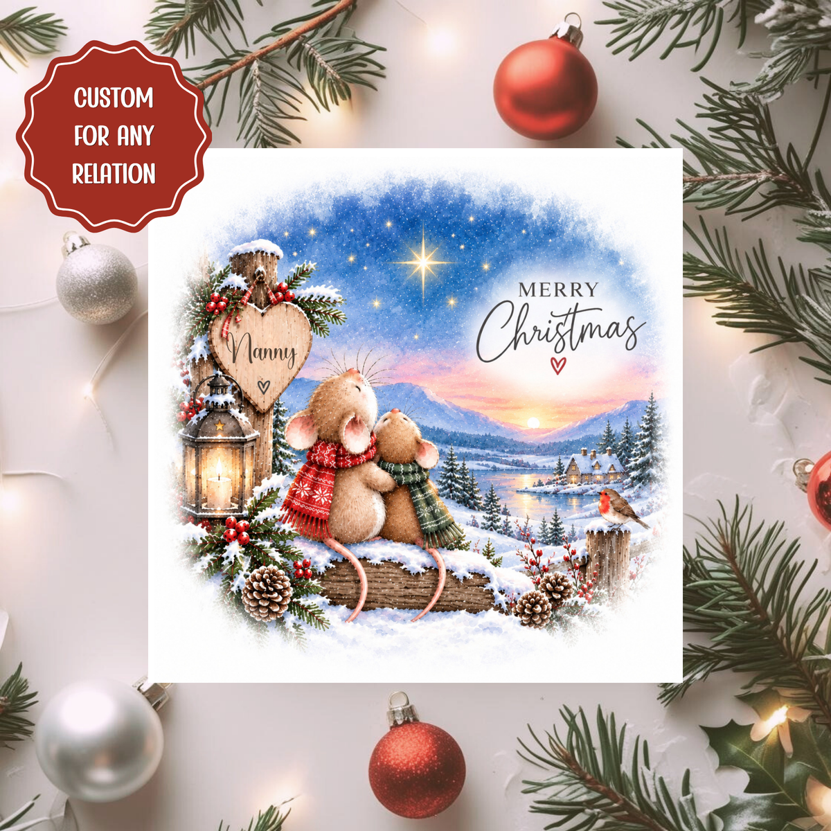 Personalised Christmas Card, Cute Mice Winter Scene Card, Any Relation Xmas Card, Mum Daughter Family Christmas Card