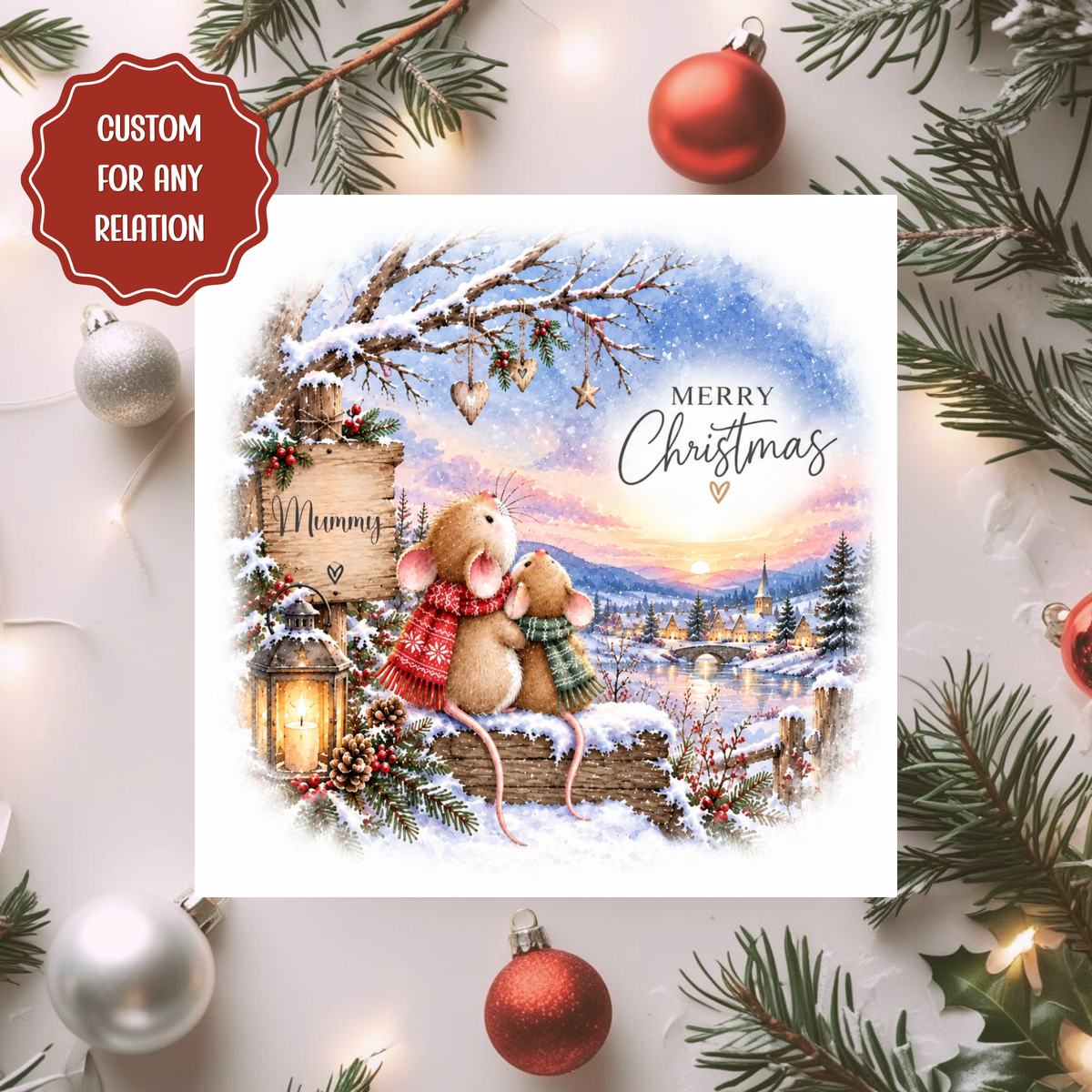 Personalised Christmas Card, Cute Mice Winter Scene Card, Any Relation Xmas Card, Mum Daughter Family Christmas Card