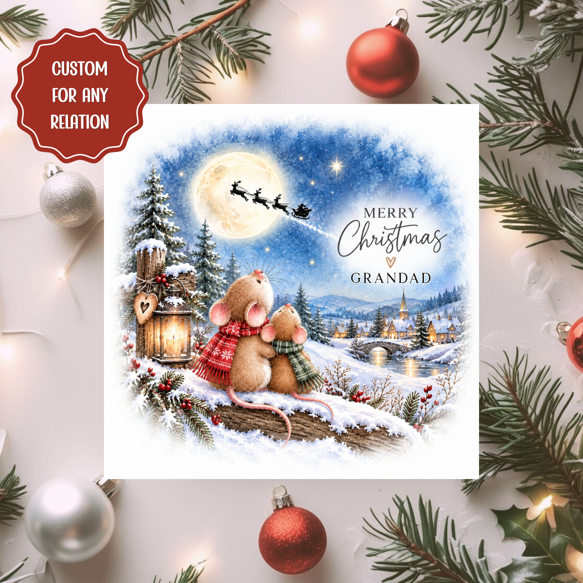 Personalised Christmas Card, Cute Mice Winter Scene Card, Any Relation Xmas Card, Mum Daughter Family Christmas Card