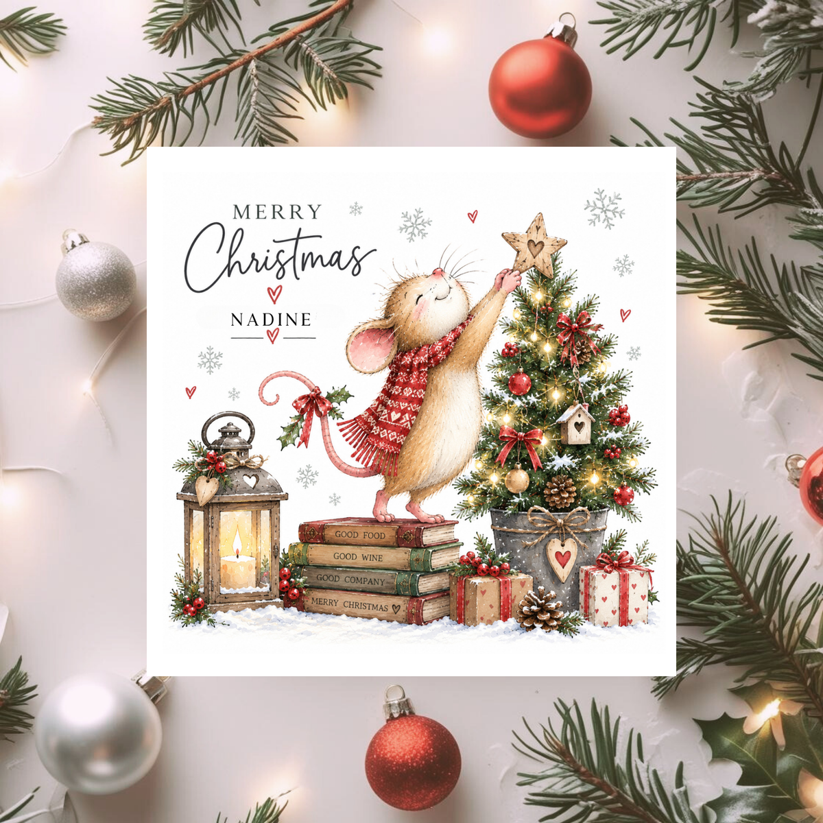 Personalised Christmas Card, Cute Mouse Christmas Tree Card, Any Relation Xmas Card, Festive Animal Card for Her or Him