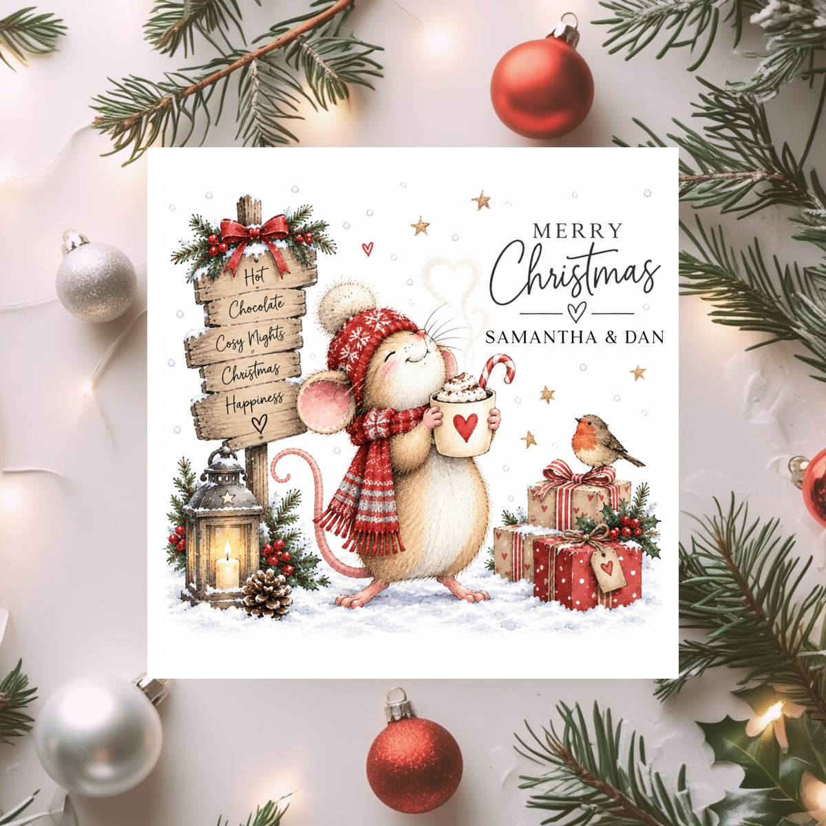 Personalised Christmas Card, Cute Mouse and Robin Card, Any Relation Xmas Card, Hot Chocolate Winter Card, Couple or Family Card
