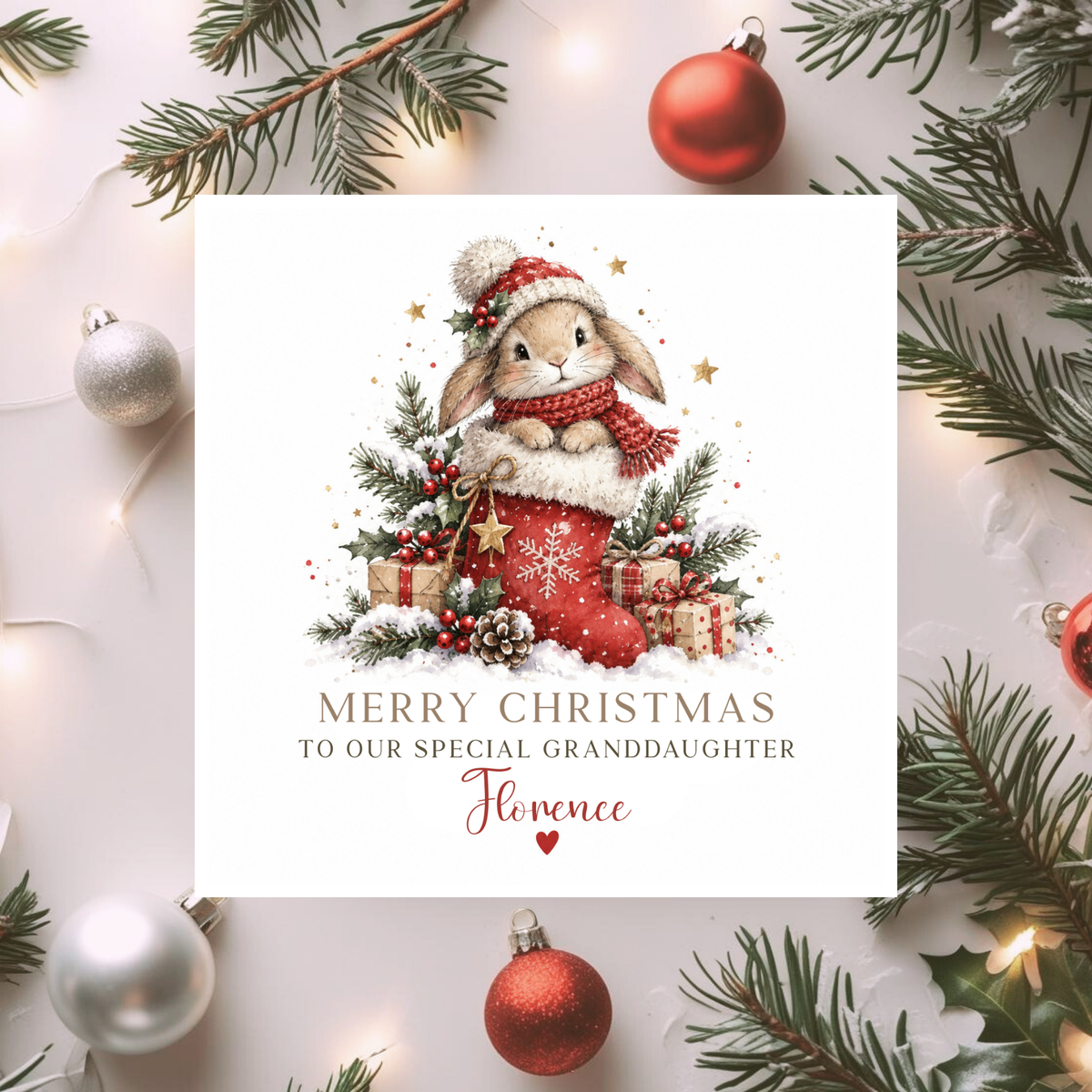 Personalised Christmas Card, Cute Bunny Christmas Card, Special Granddaughter Xmas Card, Custom Name Christmas Card