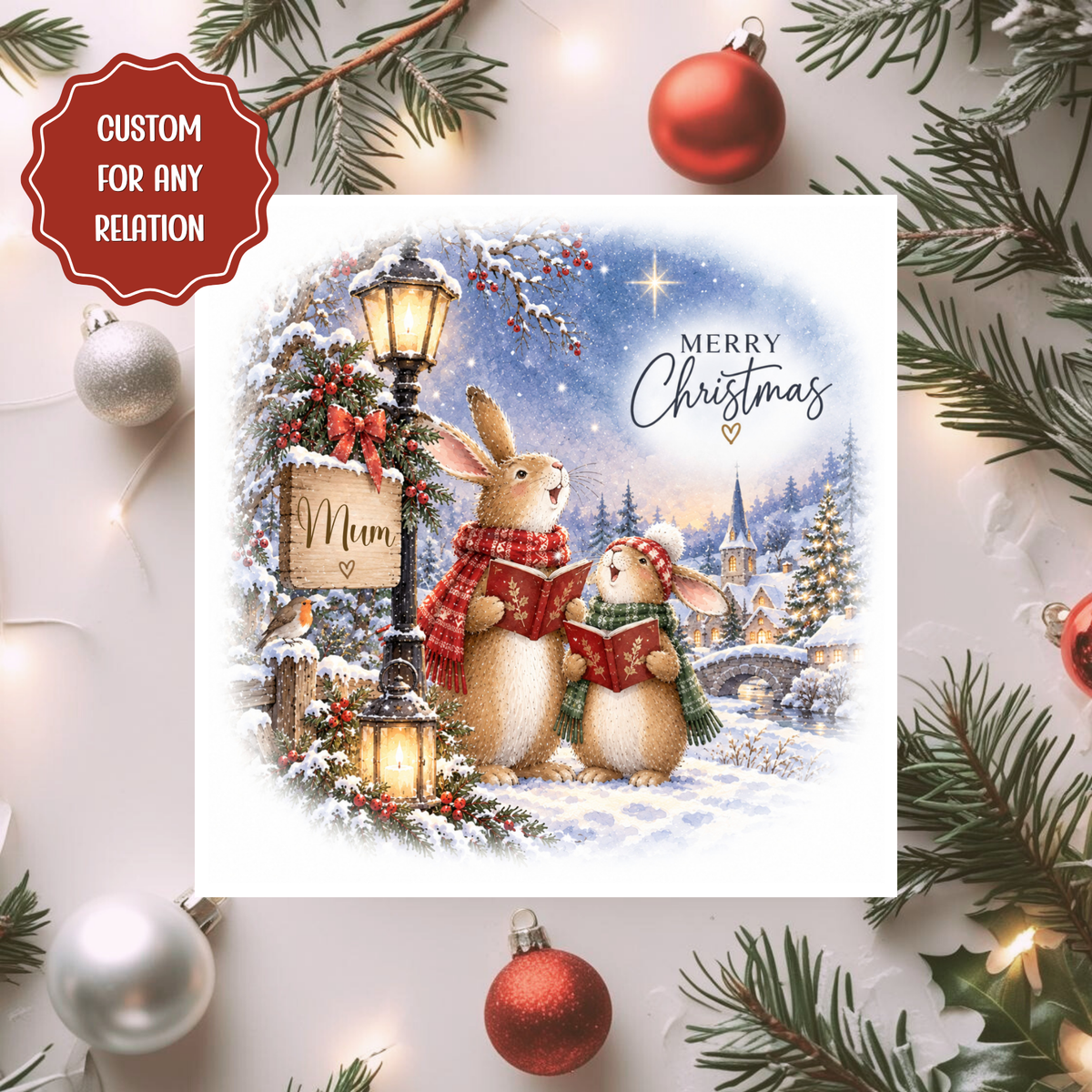 Personalised Christmas Card, Cute Rabbit Carol Singers Card, Any Relation Xmas Card, Mum Daughter Family Winter Card