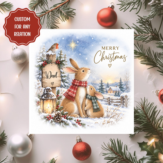 Personalised Christmas Card, Cute Rabbits Winter Card, Any Relation Xmas Card, Mum Dad Daughter Grandparents Family Winter Card