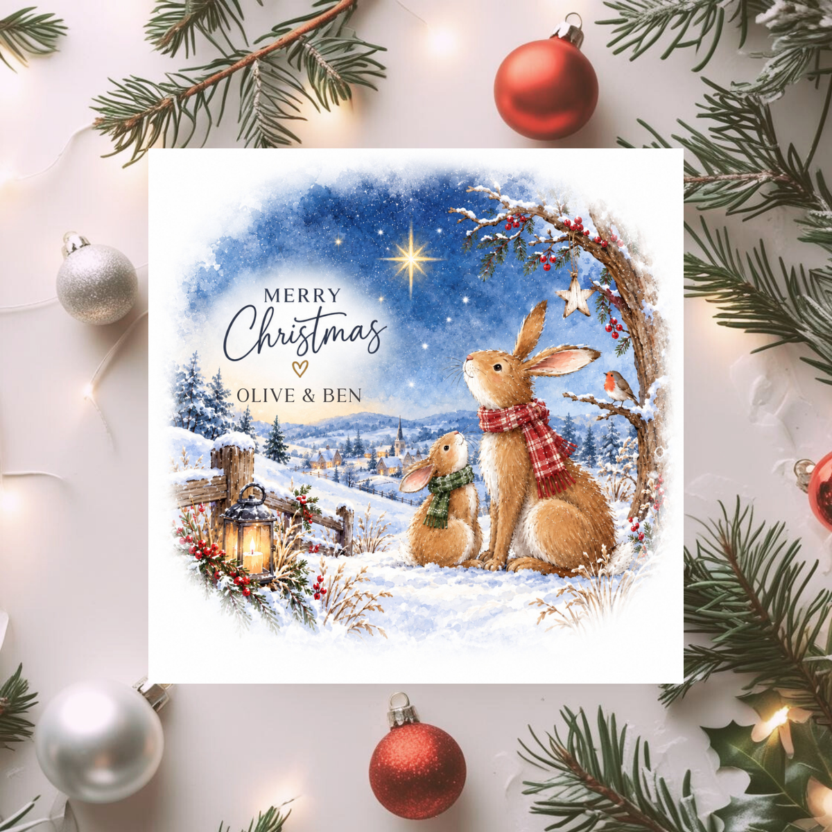 Personalised Christmas Card, Cute Rabbits Winter Scene Card, Bunny Couple or Family Xmas Card, Any Relation Christmas Card