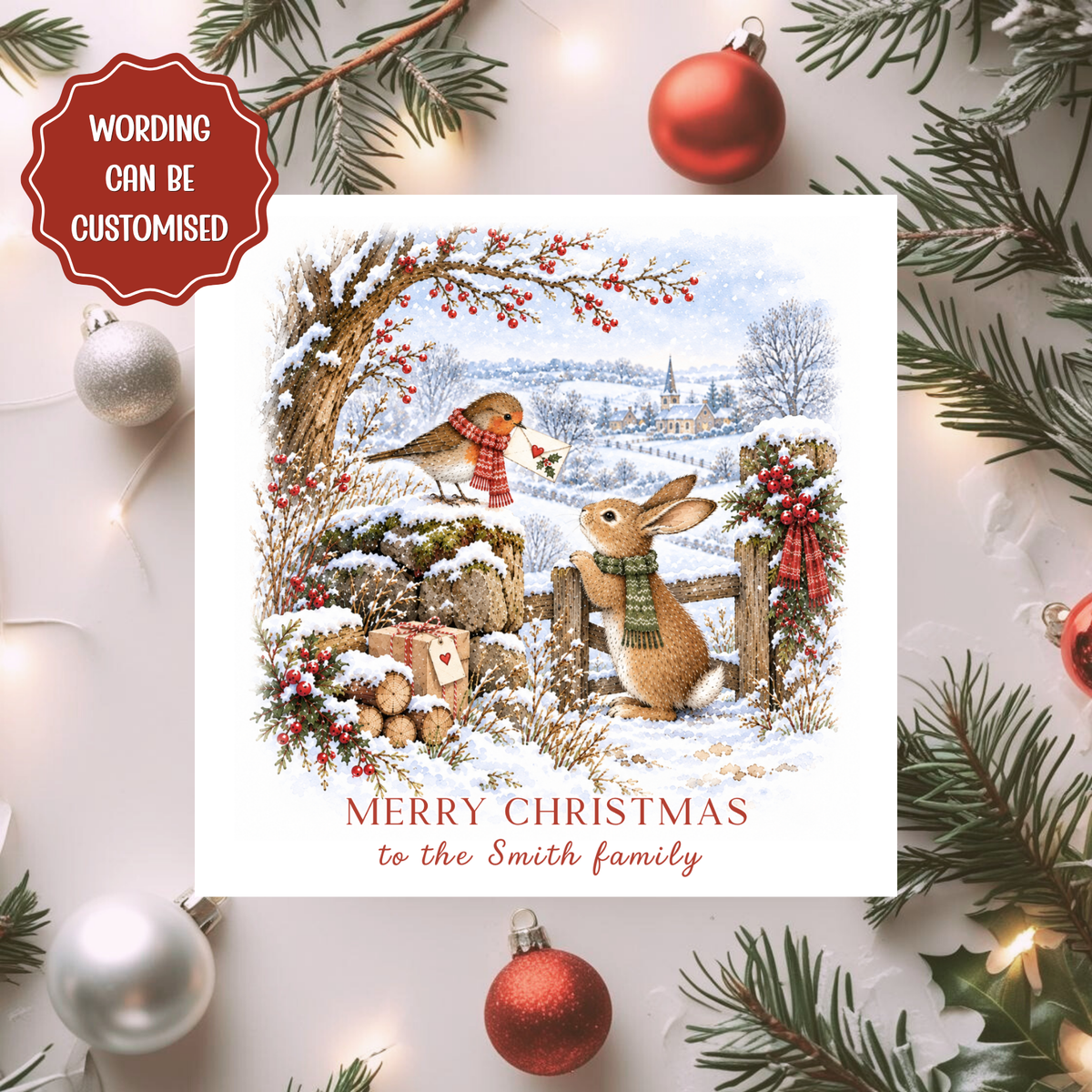 Personalised Family Christmas Card, Robin and Rabbit Xmas Card, Woodland Animal Card, Custom Family Name Christmas Card