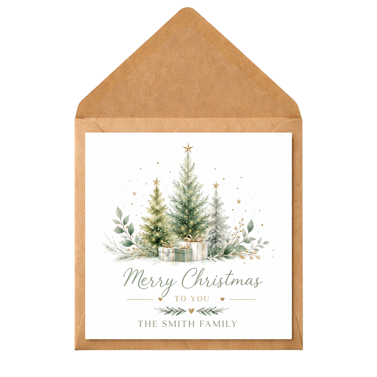 Personalised Family Christmas Card, Elegant Christmas Tree Card, Custom Surname Xmas Card, Blue Green and Gold Festive Card