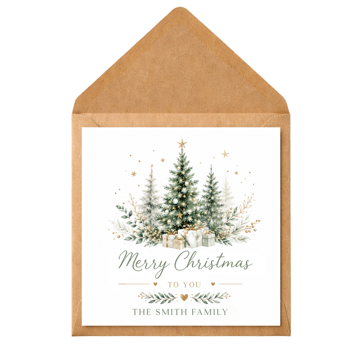 Personalised Family Christmas Card, Elegant Christmas Tree Card, Custom Surname Xmas Card, Green and Gold Festive Card