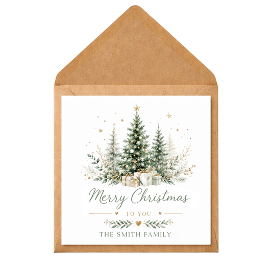 Personalised Family Christmas Card, Elegant Christmas Tree Card, Custom Surname Xmas Card, Green and Gold Festive Card