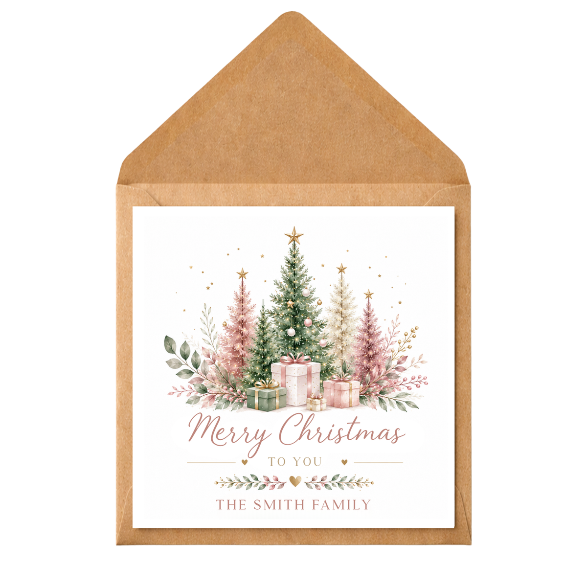 Personalised Family Christmas Card, Pink Christmas Tree Card, Custom Surname Xmas Card, Blush Sage and Gold Festive Card
