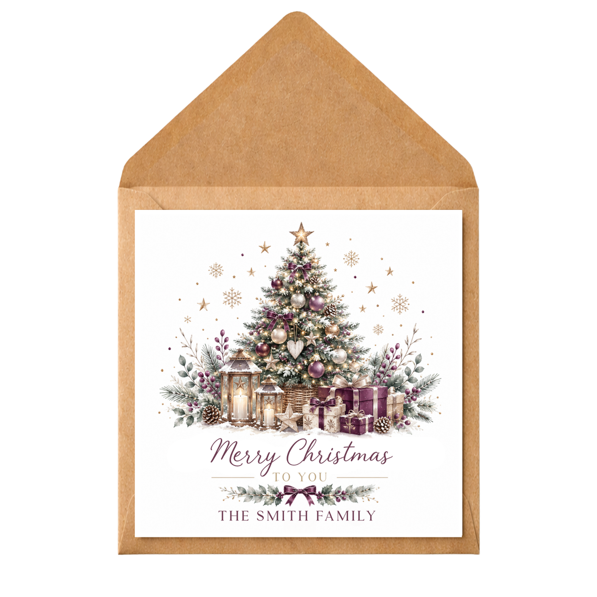 Personalised Family Christmas Card, Purple Christmas Tree Card, Custom Surname Xmas Card, Elegant Plum and Gold Festive Card