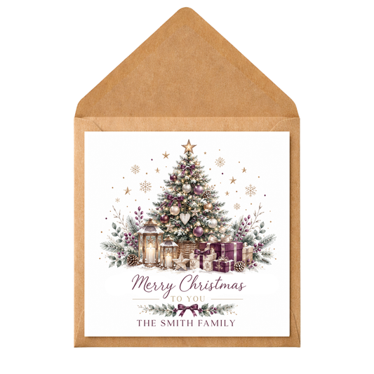 Personalised Family Christmas Card, Purple Christmas Tree Card, Custom Surname Xmas Card, Elegant Plum and Gold Festive Card