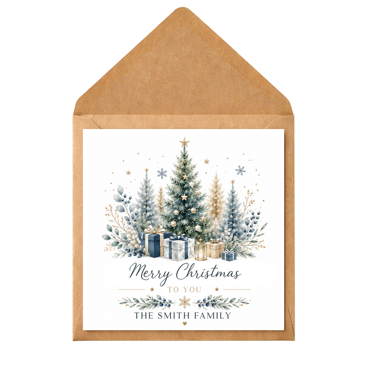 Personalised Family Christmas Card, Elegant Christmas Tree Card, Custom Surname Xmas Card, Blue Green and Gold Festive Card
