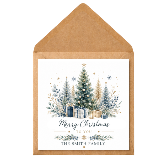 Personalised Family Christmas Card, Elegant Christmas Tree Card, Custom Surname Xmas Card, Blue Green and Gold Festive Card