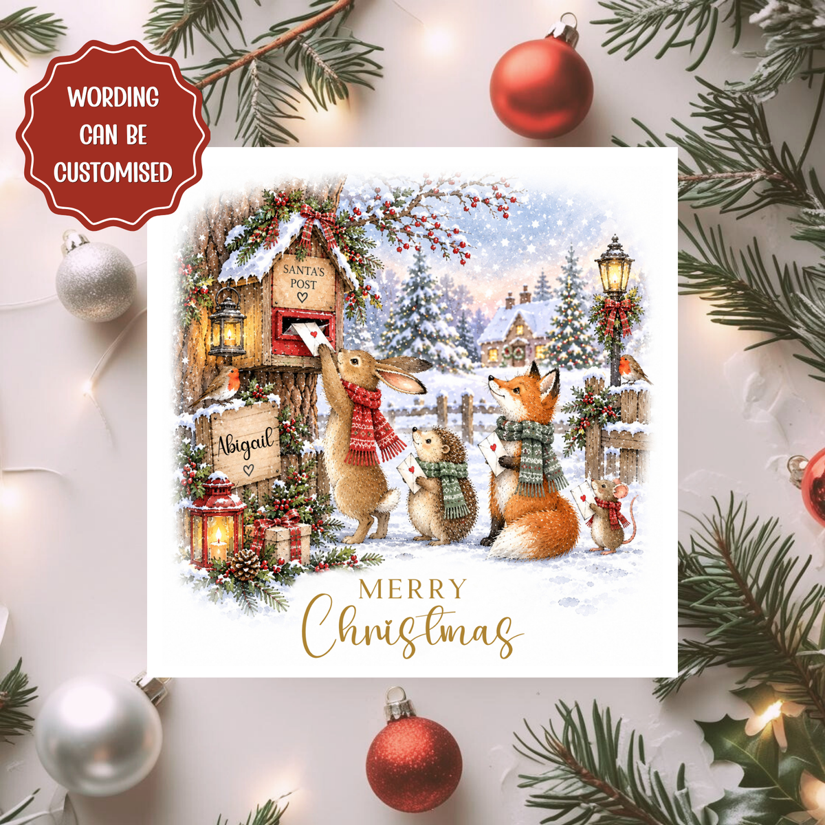 Personalised Christmas Card, Santas Post Woodland Animals Card, Cute Rabbit Fox Hedgehog Xmas Card, Any Relation Card