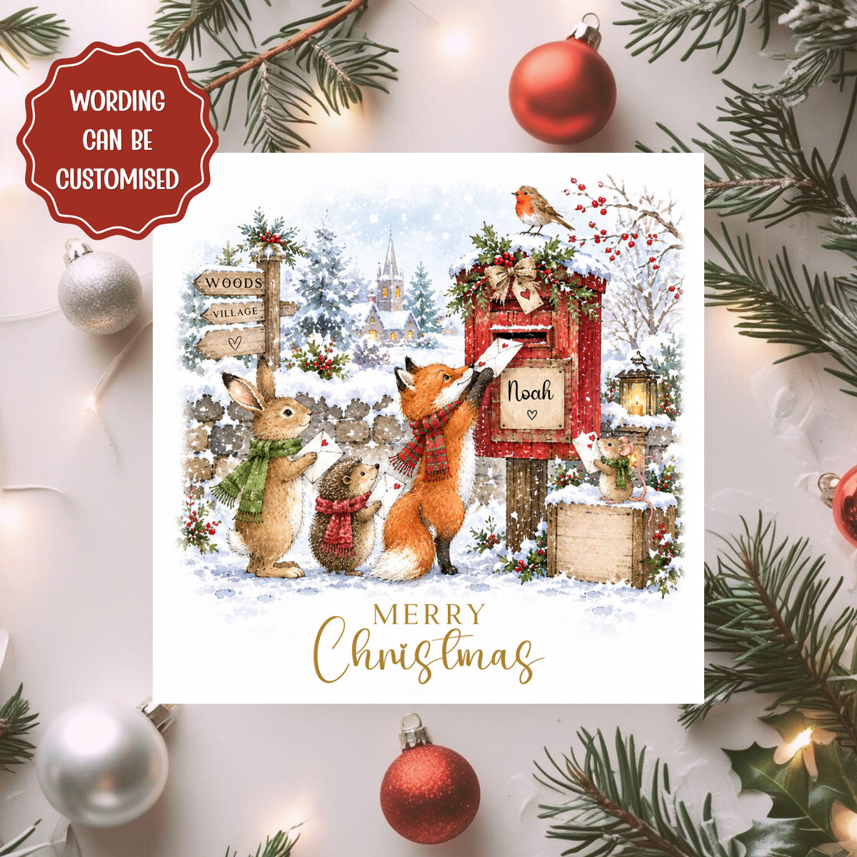 Personalised Christmas Card, Woodland Animals Postbox Card, Cute Fox Rabbit Hedgehog Xmas Card, Any Relation Christmas Card