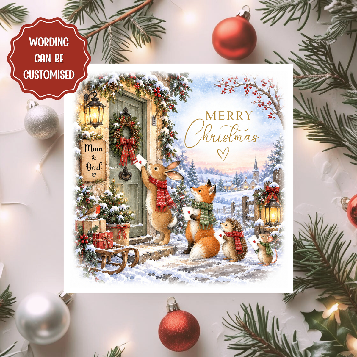 Personalised Mum and Dad Christmas Card, Woodland Animals Xmas Card, Cute Rabbit Fox Hedgehog Family Christmas Card