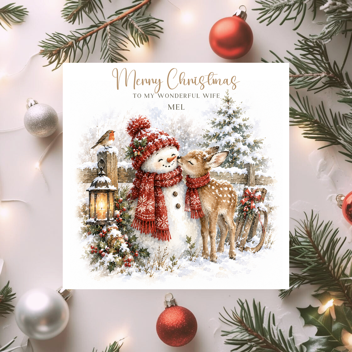 Personalised Christmas Card for Wife Husband Partner, Cute Snowman & Reindeer Xmas Card, Custom Name, Romantic Christmas Card