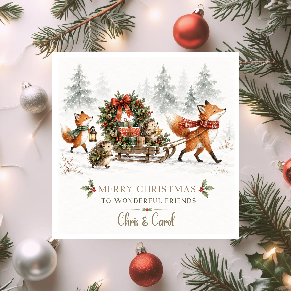 Personalised Friends Christmas Card, Woodland Fox Christmas Card, Wonderful Friends Xmas Card, Custom Names Festive Card