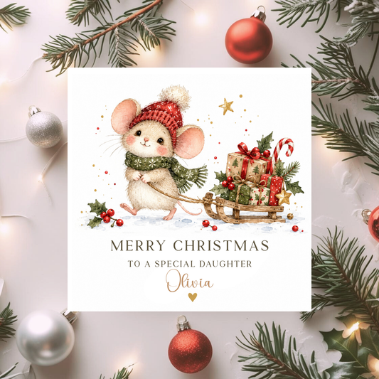 Personalised Daughter Christmas Card, Cute Mouse Christmas Card, First Christmas, Watercolour Xmas Card, Special Daughter Gift