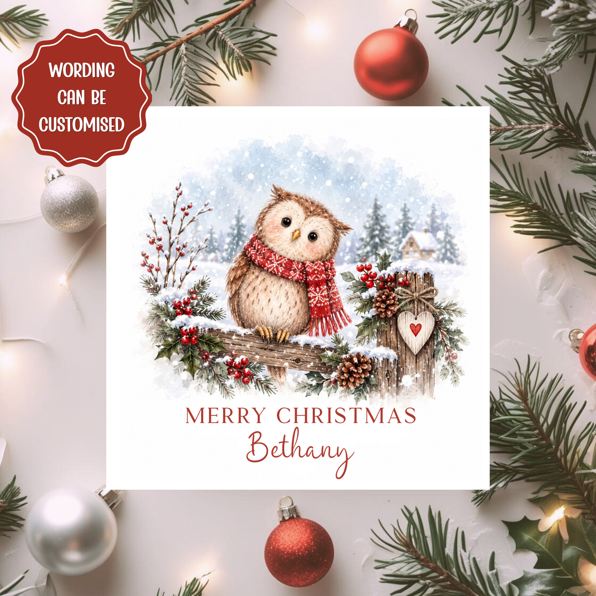Personalised Christmas Card, Cute Owl Winter Card, Any Relation Xmas Card, Festive Woodland Animal Card for Her or Him