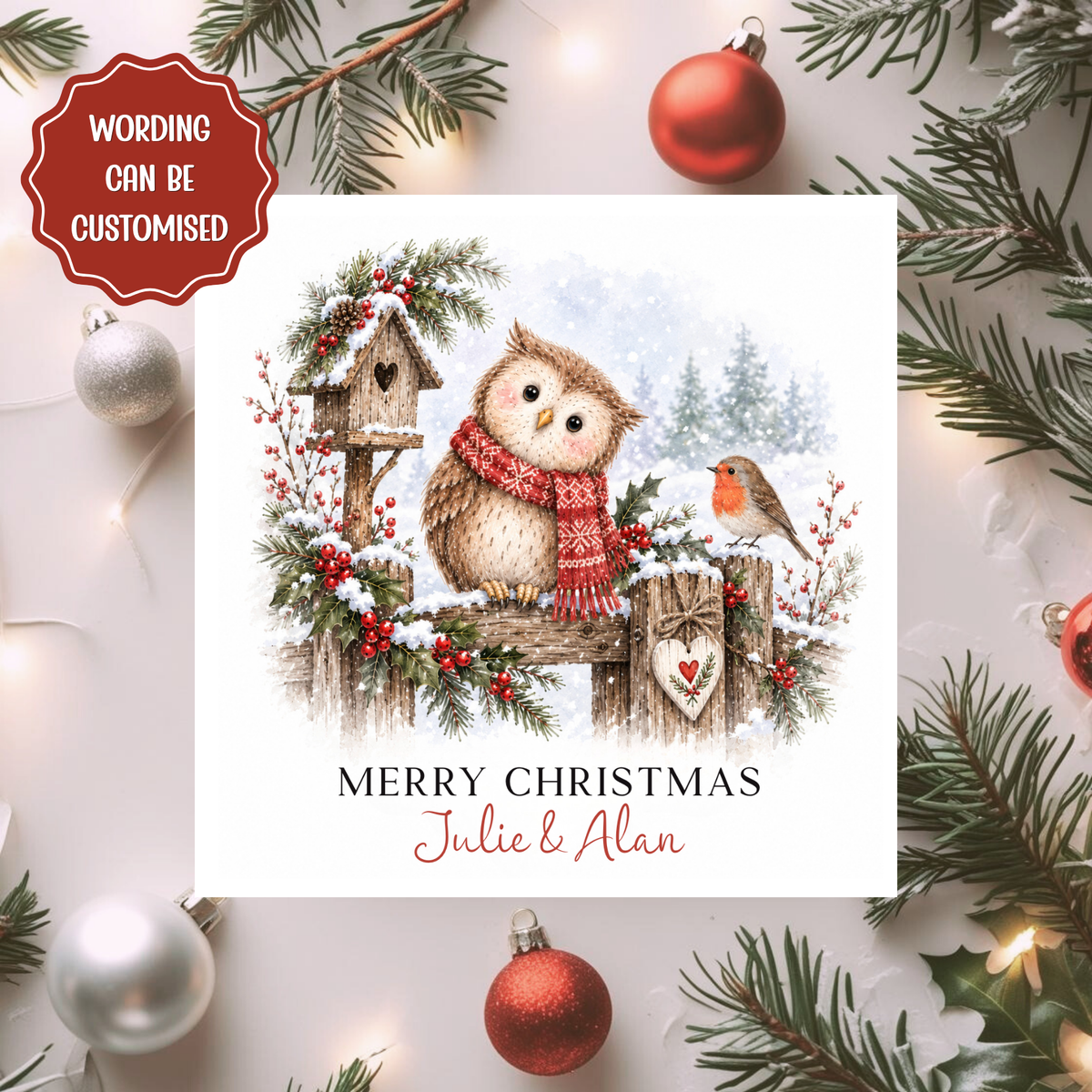Personalised Christmas Card, Cute Owl and Robin Card, Any Relation Xmas Card, Couple Family Friend Woodland Christmas Card
