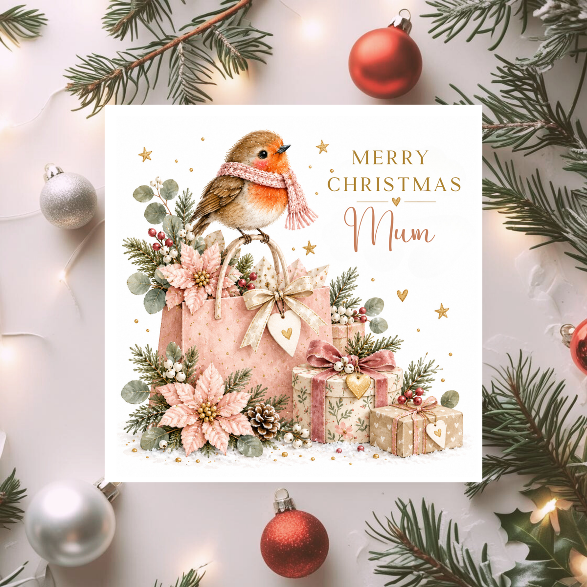 Christmas Card for Mum, Cute Robin Christmas Card, Pink Floral Xmas Card, Luxury Festive Card for Mother