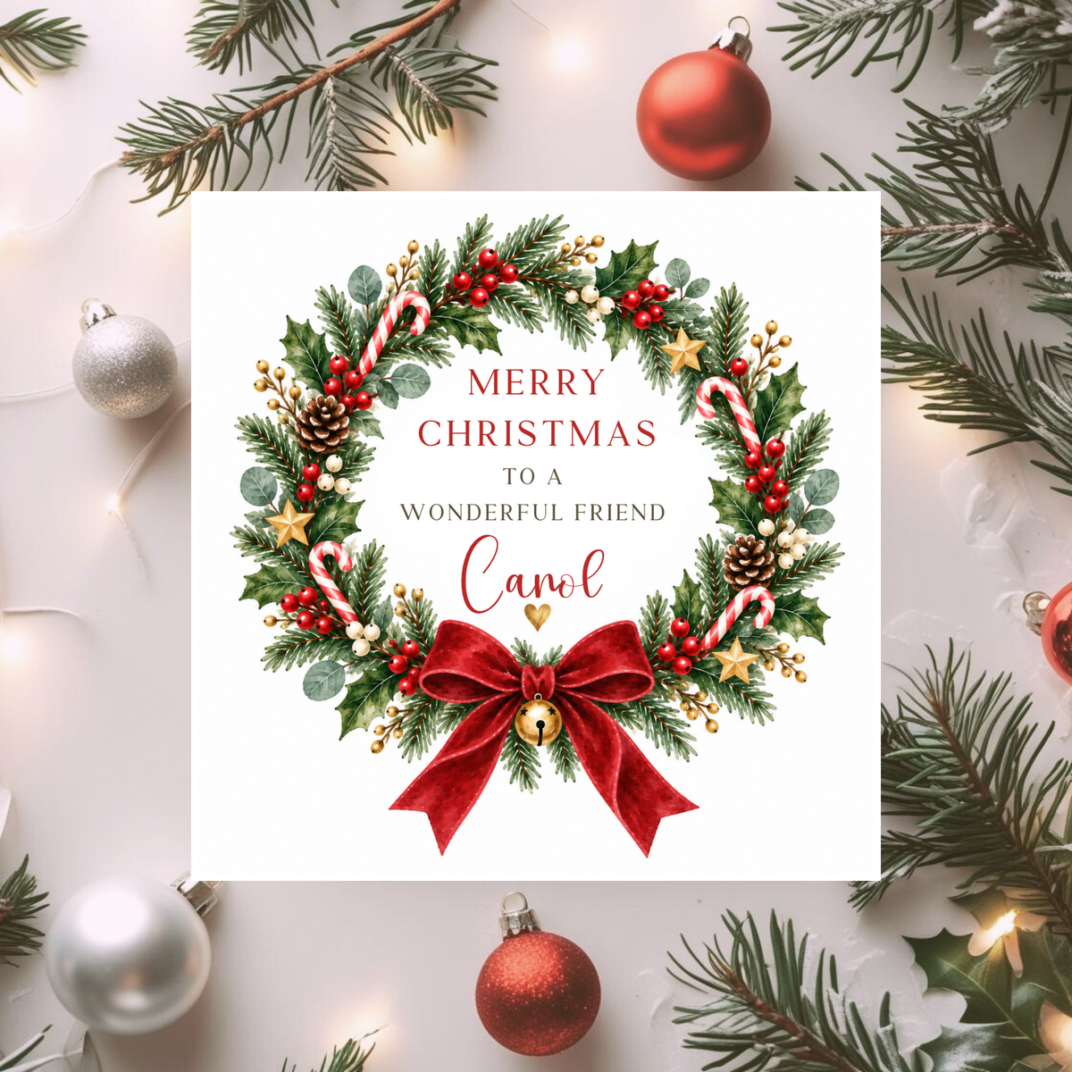 Personalised Friend Christmas Card, Custom Name Xmas Card, Festive Wreath Card, Wonderful Friend Christmas Gift