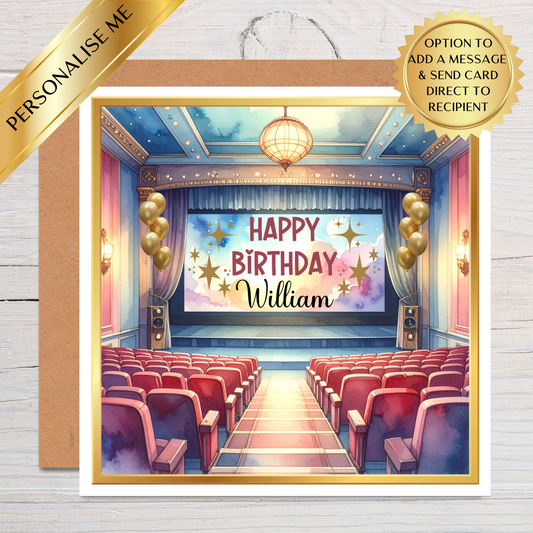 Personalised Birthday Card | Cinema Theatre Birthday Card | Custom Name Birthday Card | Movie Lover Birthday | Unique Luxury Birthday Card