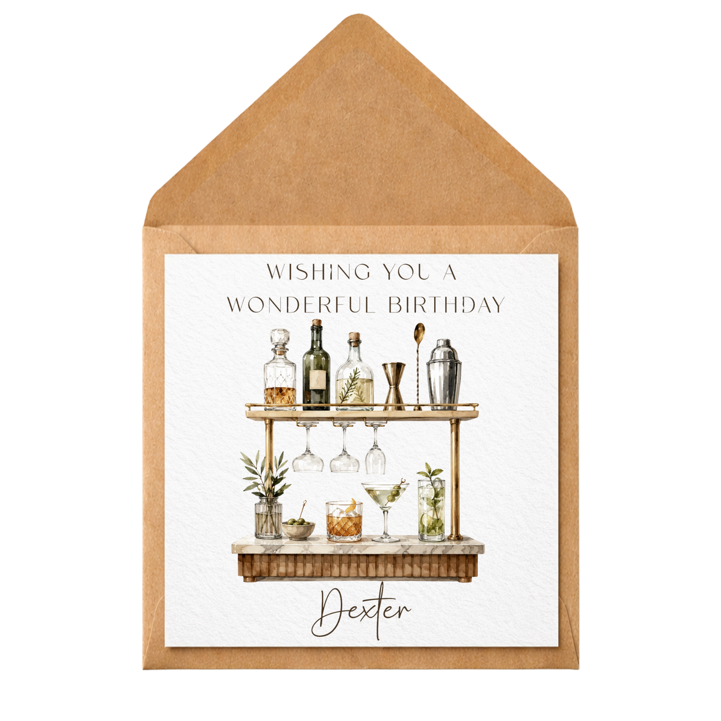 Personalised Cocktail Bar Birthday Card | Custom Name Birthday Card | Watercolour Drinks Trolley Card | Elegant Birthday Card for Him