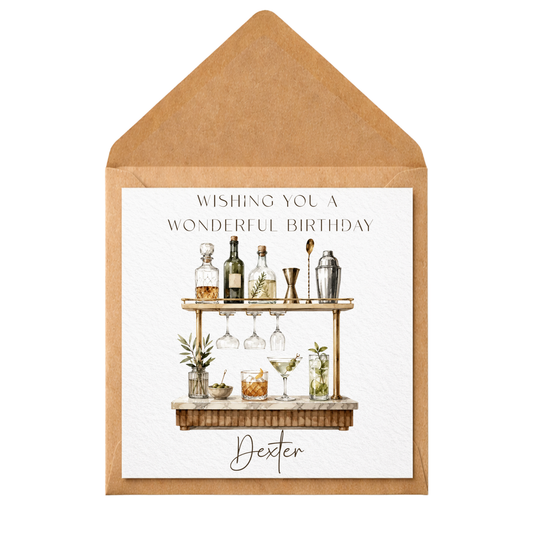 Personalised Cocktail Bar Birthday Card | Custom Name Birthday Card | Watercolour Drinks Trolley Card | Elegant Birthday Card for Him