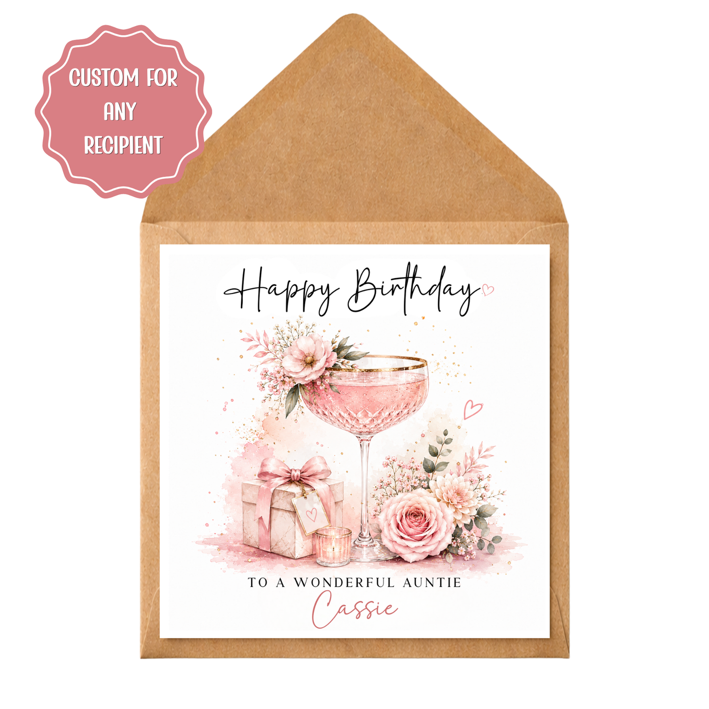 Personalised Cocktail Birthday Card Any Recipient, Custom Birthday Card for Her, Mum, Sister, Friend, Auntie, Wife, Pink Cocktail Card