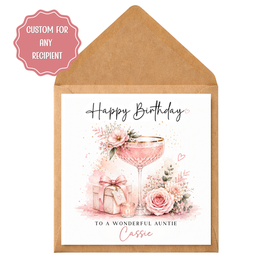 Personalised Cocktail Birthday Card Any Recipient, Custom Birthday Card for Her, Mum, Sister, Friend, Auntie, Wife, Pink Cocktail Card
