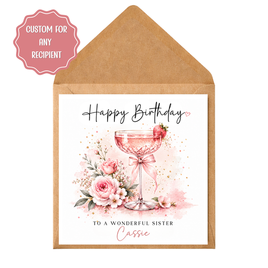 Personalised Cocktail Birthday Card Any Recipient, Custom Birthday Card for Her, Mum, Sister, Friend, Auntie, Wife, Pink Cocktail Card