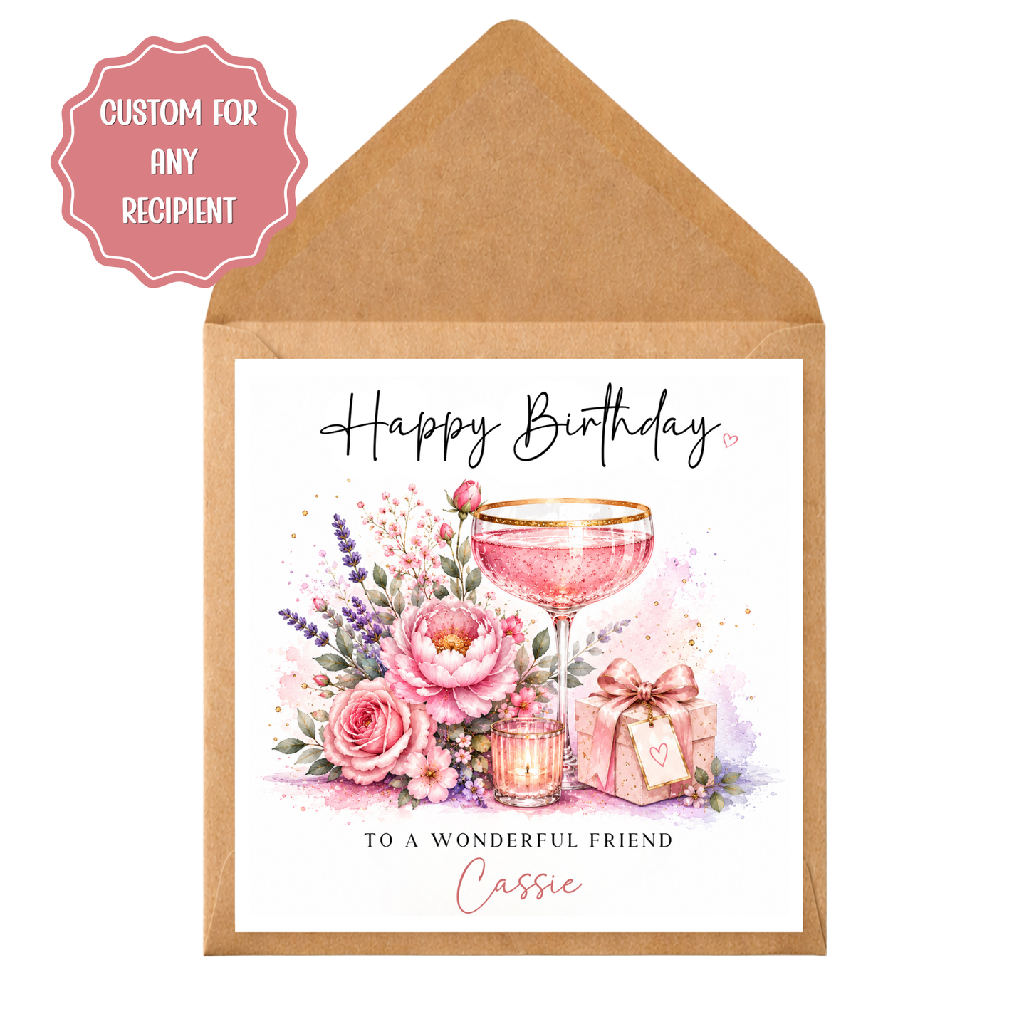 Personalised Cocktail Birthday Card Any Recipient, Custom Birthday Card for Her, Mum, Sister, Friend, Auntie, Wife, Pink Cocktail Card