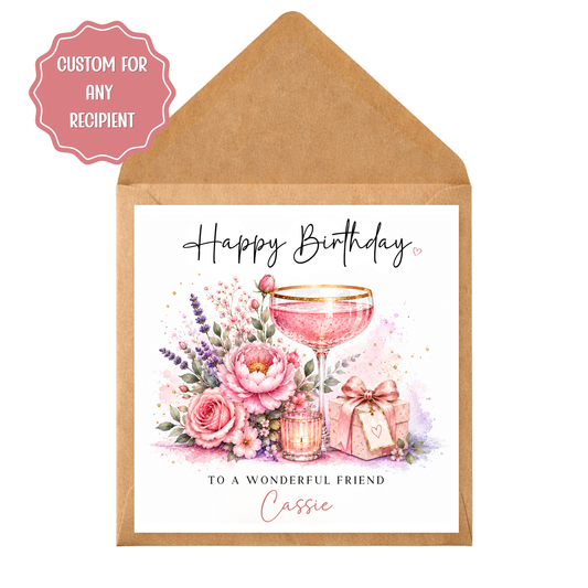 Personalised Cocktail Birthday Card Any Recipient, Custom Birthday Card for Her, Mum, Sister, Friend, Auntie, Wife, Pink Cocktail Card