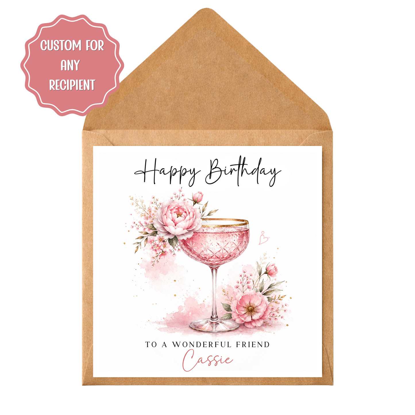 Personalised Cocktail Birthday Card Any Recipient, Custom Birthday Card for Her, Mum, Sister, Friend, Auntie, Wife, Pink Cocktail Card