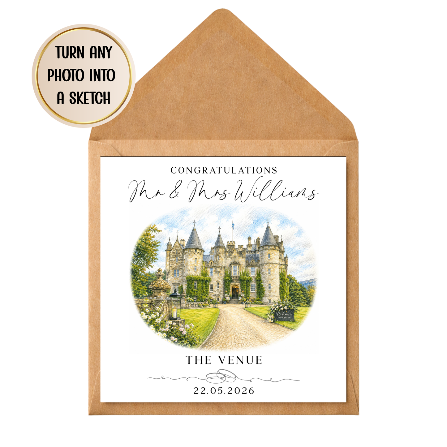 Personalised Wedding Venue Sketch Print | Custom Wedding Gift | House Portrait Wedding Card | Engagement Gift | Watercolour Venue Illustration