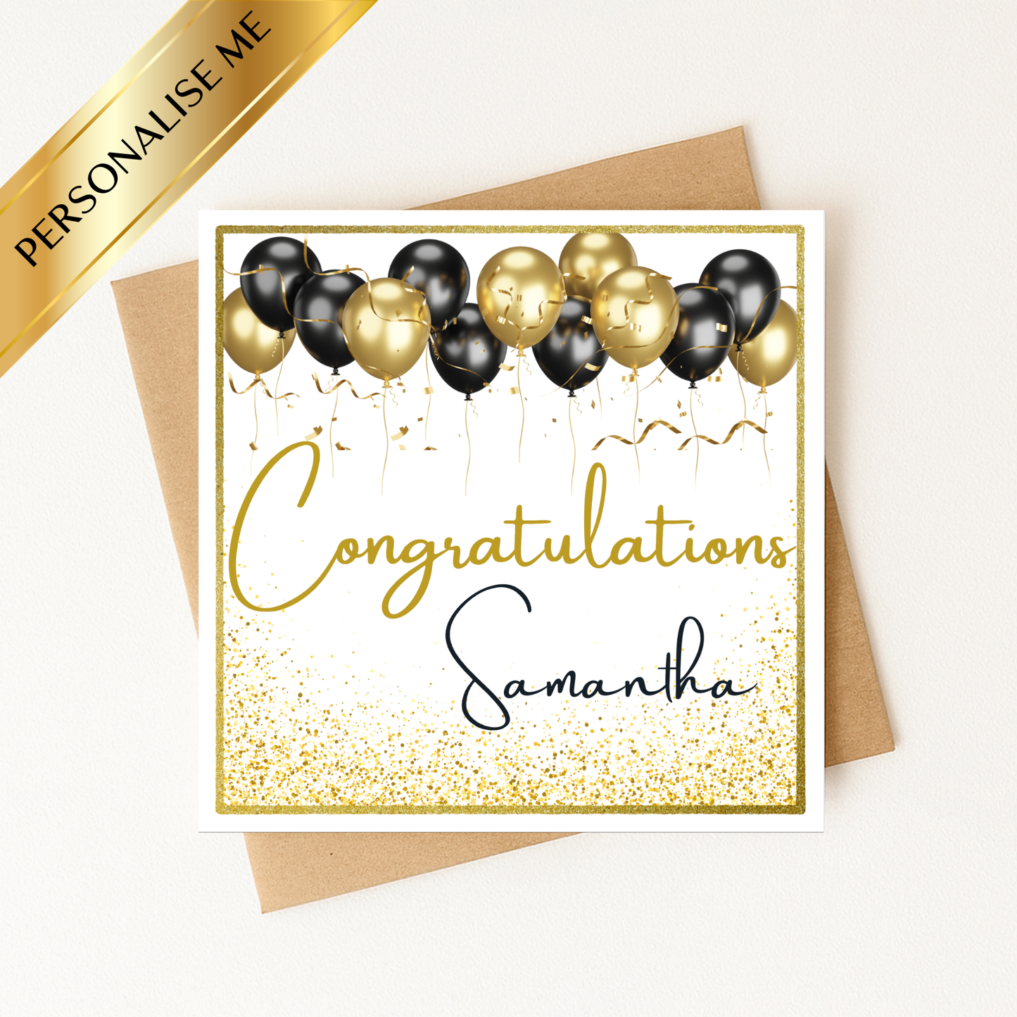 Personalised Congratulations Card | Black & Gold Balloon Card | Custom Celebration Card | Graduation New Job Promotion Engagement
