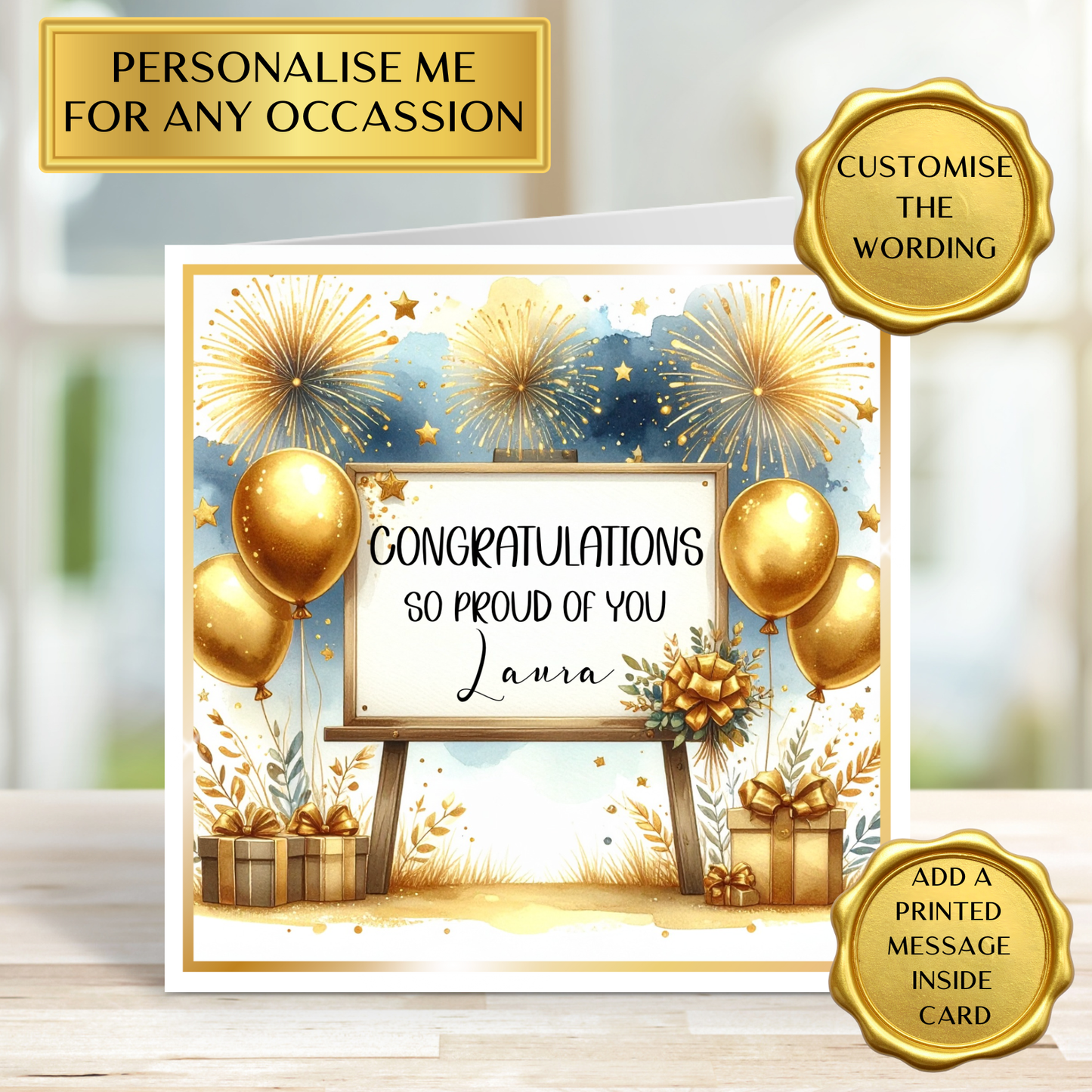 Personalised Congratulations Card | Custom Celebration Card | Any Occasion | Gold Balloons & Fireworks