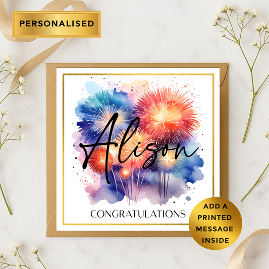 Personalised Congratulations Fireworks Card – Any Name | Celebration Card | Exam Results | Graduation | New Job | Achievement Card