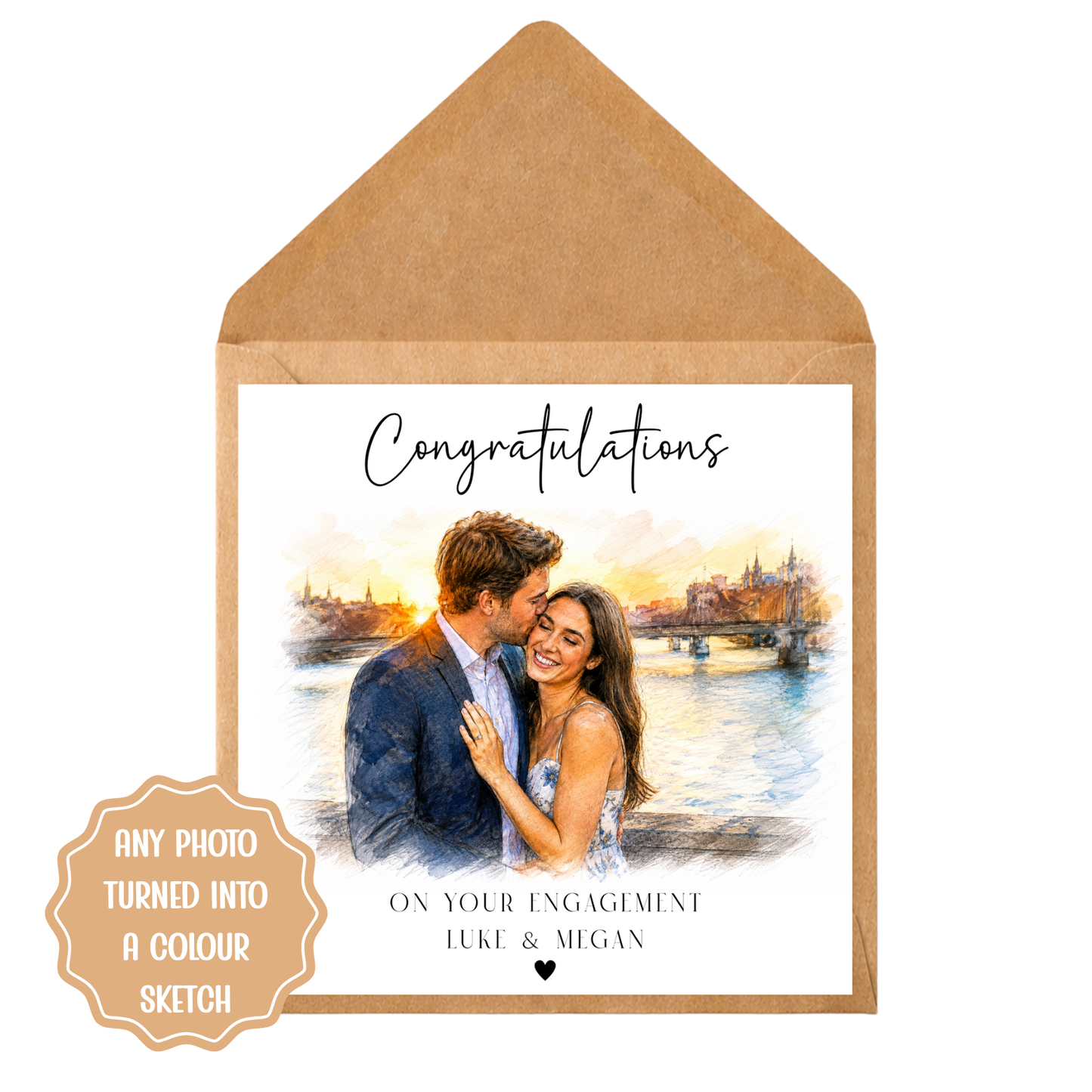 Personalised Engagement Card from Photo | Custom Colour Sketch Portrait Card | Engagement Congratulations Card | Any Photo to Sketch