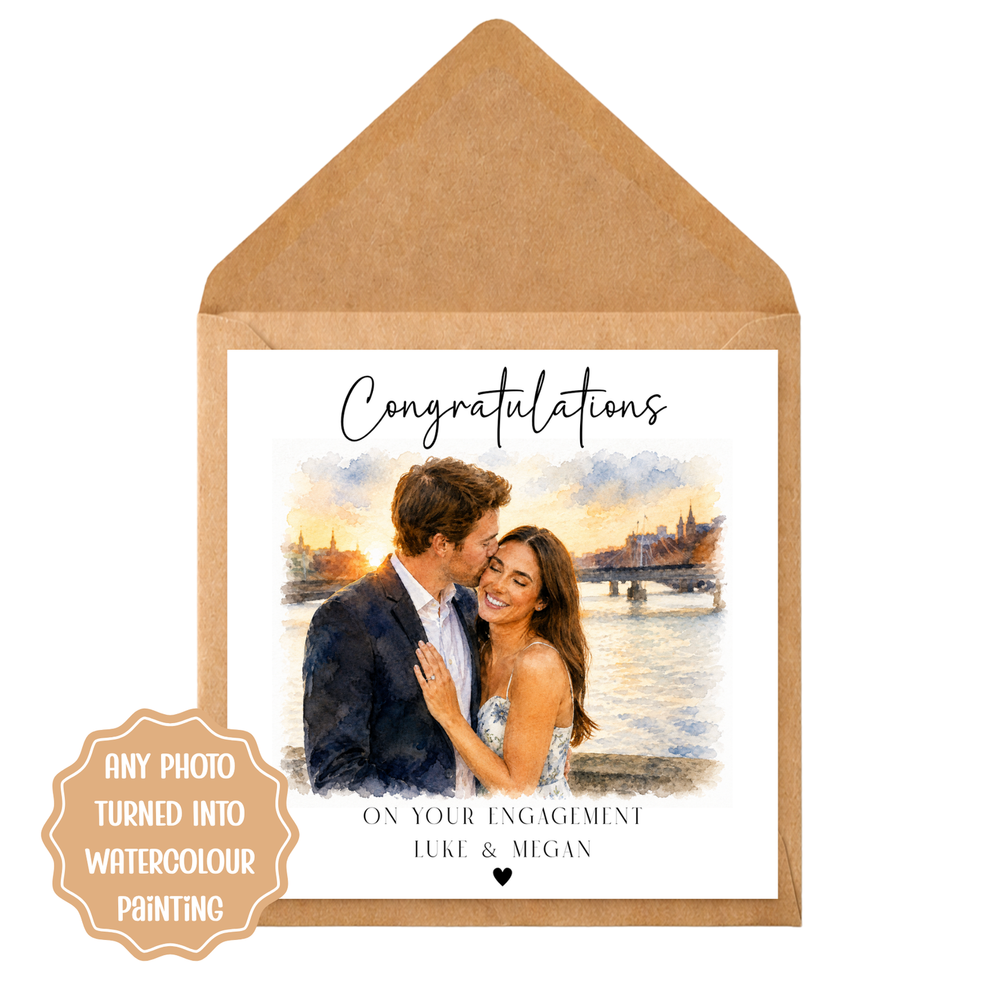 Personalised Engagement Card from Photo | Custom Watercolour Couple Portrait Card | Congratulations Engagement Gift
