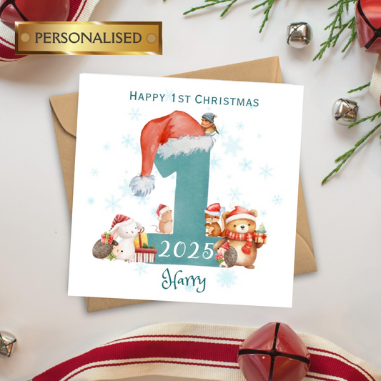 Personalised Baby’s 1st Christmas Card | 2025 First Christmas Card for Boy or Girl | Cute Animal Festive Keepsake Card