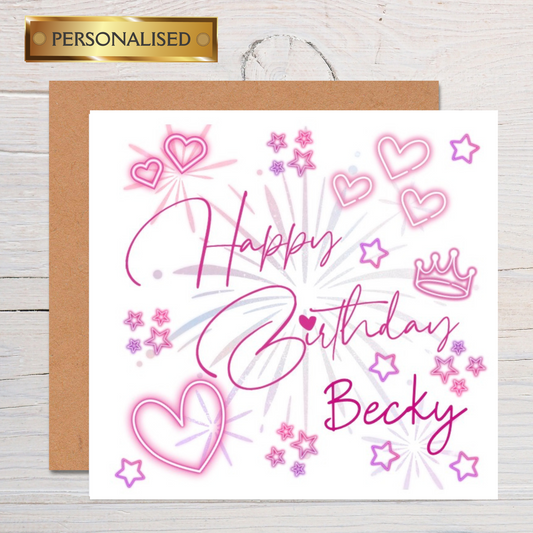 Personalised Neon Pink Birthday Card – Bright Colourful Greeting Card – Fun Bold Celebration Card – Modern Birthday Card