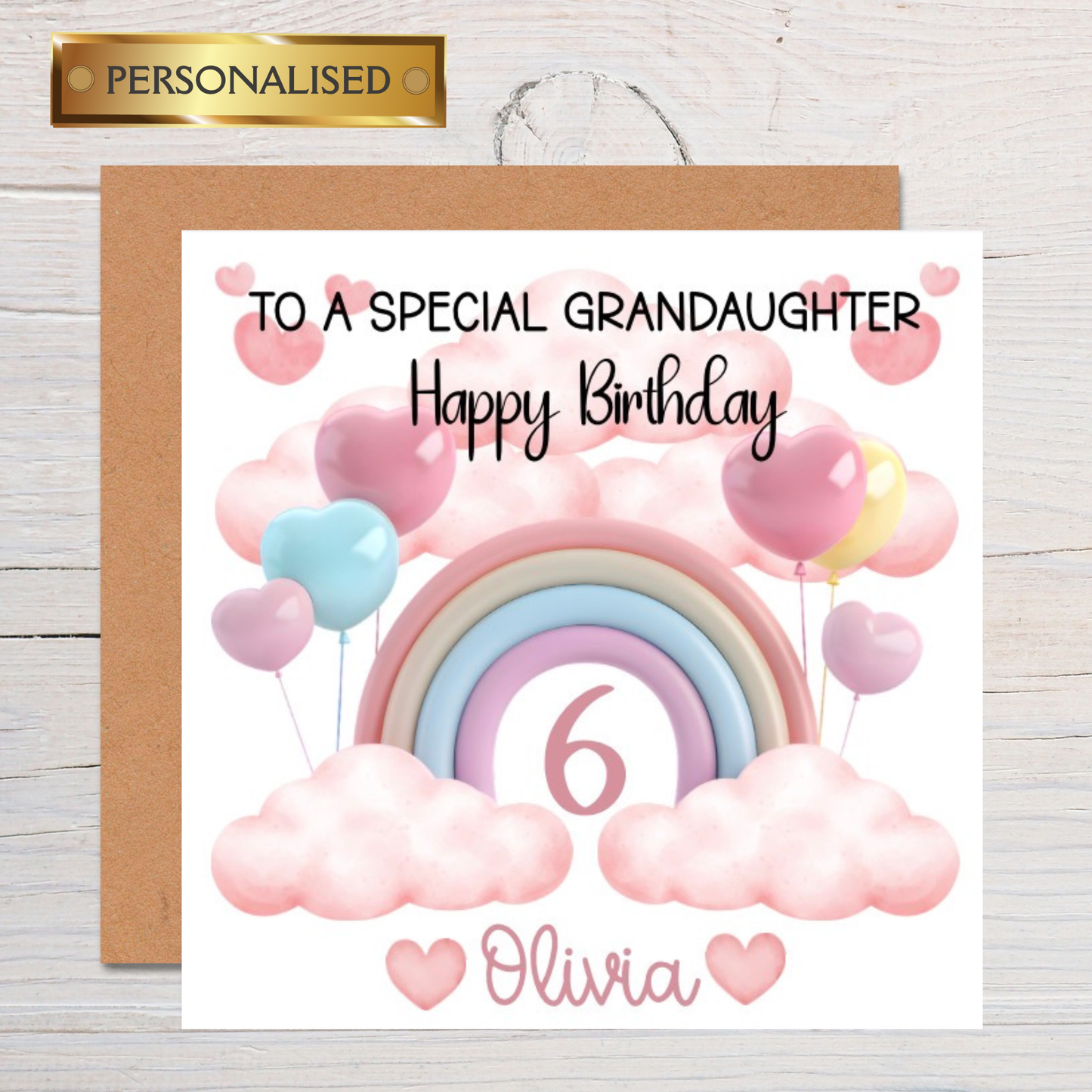 Personalised Girls Birthday Card | Rainbow and Balloons Design | Custom Name & Age | Girls Birthday Card for Daughter, Granddaughter, Her