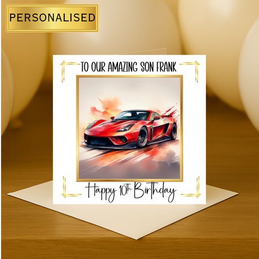 Personalised Supercar Birthday Card – Custom Kids Racing Car