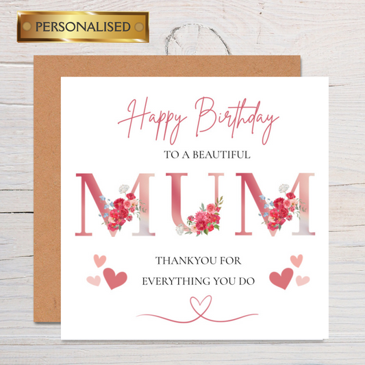 Personalised Pink Floral Birthday Card for Mum: Handmade Keepsake