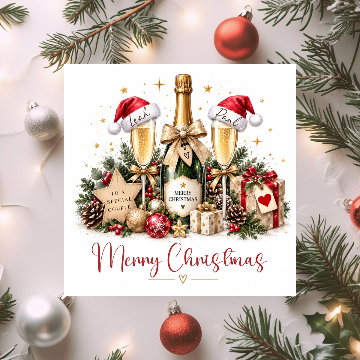 Personalised Couple Christmas Card, Champagne Glasses Xmas Card, Custom Names, Romantic Christmas Card for Partners